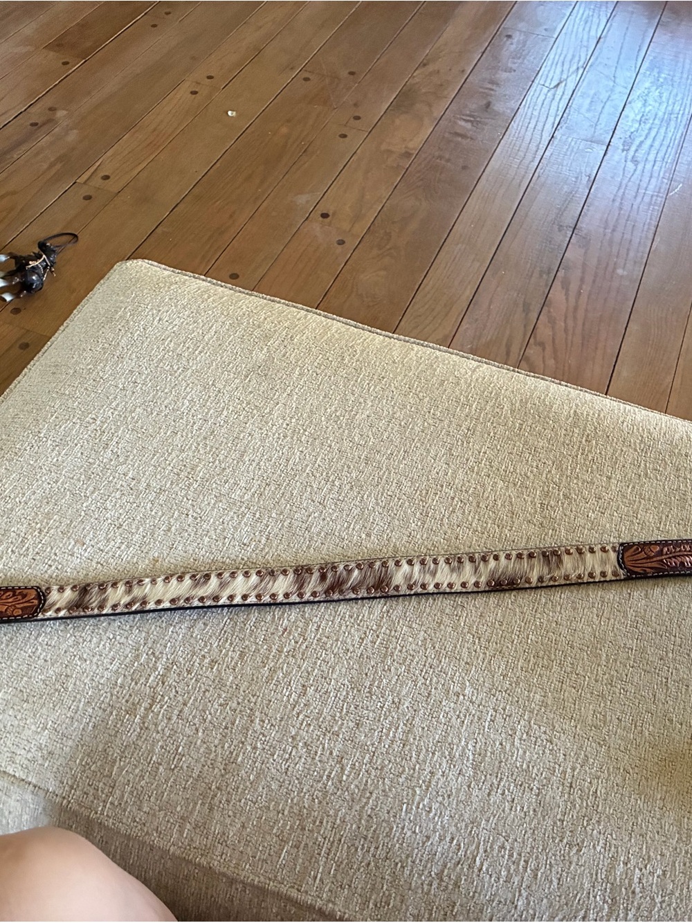 Tooled Leather Belt with Braided Accent - Tan/Brown 38” tip of belt to buckle